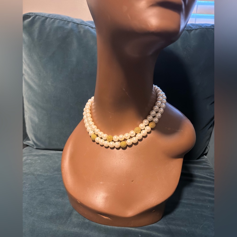 Erwin Pearl vintage double strand Gold and White Pearl Necklace, Lustrous Finish